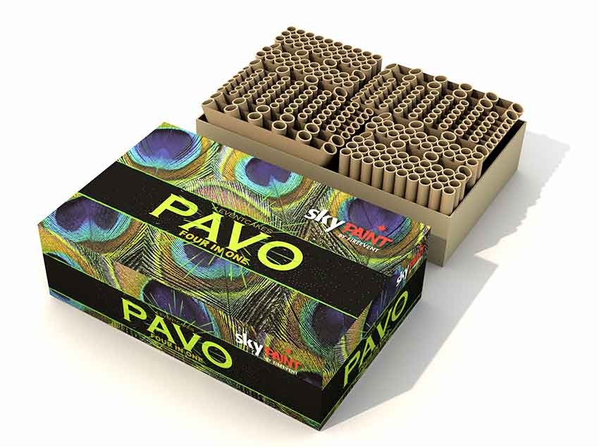Détail du carton du feu d'artifice automatique Pavo de la marque Fire-Event vendu sur la boutique en ligne